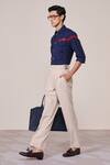 Shop_S&N By Shantnu Nikhil_Blue Viscose Embroidery Navy Slim Fit Shirt With Faux Leather Details _Online_at_Aza_Fashions