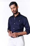 Shop_S&N By Shantnu Nikhil_Blue Cotton, Lycra Embroidery Navy Slim Fit Designer Shirt _Online_at_Aza_Fashions