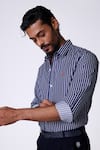 Shop_S&N By Shantnu Nikhil_Navy Cotton Embroidery Striped Slim Fit Shirt _Online_at_Aza_Fashions