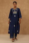 Buy_Charu Makkar_Navy Silk, Chanderi Embroidery Split V-neck Blue Kurta Pant Set _at_Aza_Fashions