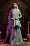 Buy_Miku Kumar_Green Tissue, Organza Embroidery V-neck Sea Neer Sharara Set _at_Aza_Fashions