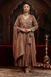 Buy_Miku Kumar_Brown Tissue, Organza Embroidery V-neck Lavanya Anarkali Set _at_Aza_Fashions