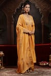 Buy_Miku Kumar_Yellow Tissue, Organza Embroidery V-neck Mustard Hand Anarkali Set _Online_at_Aza_Fashions