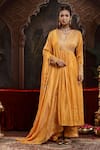 Buy_Miku Kumar_Yellow Tissue, Organza Embroidery V-neck Mustard Hand Anarkali Set _at_Aza_Fashions