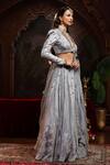 Shop_Miku Kumar_Gray Tissue, Organza Embroidery V-neck Saanjh Jacket Lehenga Set _Online_at_Aza_Fashions