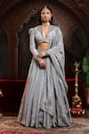 Buy_Miku Kumar_Gray Tissue, Organza Embroidery V-neck Saanjh Jacket Lehenga Set _at_Aza_Fashions