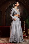 Shop_Miku Kumar_Gray Tissue, Organza Embroidery V-neck Saanjh Jacket Lehenga Set 