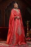 Shop_Miku Kumar_Red Tissue, Organza Embroidery V-neck Shanaya Anarkali Set 