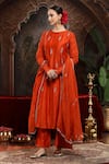 Buy_Miku Kumar_Orange Chanderi Silk Embroidery Round Neck Kanika Suit Set _at_Aza_Fashions