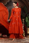 Shop_Miku Kumar_Orange Chanderi Silk Embroidery Round Neck Kanika Suit Set _Online_at_Aza_Fashions