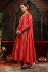 Miku Kumar_Red Chanderi Silk Embroidery Round Neck Anarkali Suit Set _at_Aza_Fashions