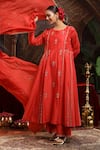 Shop_Miku Kumar_Red Chanderi Silk Embroidery Round Neck Anarkali Suit Set 