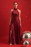 Buy_Dev And Viv_Red Polyester Halter Neck Designer Gown With Ruffle Hem _at_Aza_Fashions