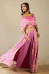 Shop_Label Nitika_Pink Modal, Net, Satin Beads Halter Neck, Purple And Floral Palazzo Set 
