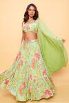 Buy_Sajeda A Lehry_Green Georgette Sequins, Embroidery Square Floral Printed Pista Lehenga Set _at_Aza_Fashions