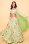 Shop_Sajeda A Lehry_Green Georgette Sequins, Embroidery Square Floral Printed Pista Lehenga Set _Online_at_Aza_Fashions