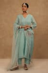 Buy_Charu Makkar_Blue Chanderi, Tissue, Organza Embroidery V-neck Light Kurta Set 