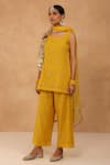 Charu Makkar_Mustard Chanderi, Tissue, Organza Embroidery Round Neck Kurta Set _at_Aza_Fashions