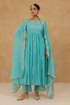 Buy_Charu Makkar_Teal Chanderi, Muslin, Cotton Embroidery Round Neck Anarkali Set _at_Aza_Fashions