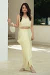 Buy_Pooja Bagaria_Yellow Organza, Satin Fringe, Embroidery Pastel Monotone Draped Skirt Set _at_Aza_Fashions