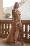 Buy_Supria Munjal_Beige , Organza Beads, One Shoulder Designer Dress _at_Aza_Fashions