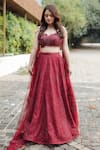 Buy_Pooja Bagaria_Maroon Sequins, Crystals, Embroidery Sweetheart Neck Chantilly Lehenga Set _at_Aza_Fashions