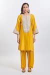Shop_Sheetal Batra_Mustard Sequins, Embroidery Split V-neck Yellow Shamshul Kurta And Salwar Set 