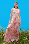 Buy_Sajeda A Lehry_Pink Silk, Crepe Embroidery Halter Neck Hand Rose Jumpsuit _at_Aza_Fashions