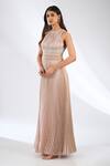 Buy_Anjali Kanwar_Pink Viscose Beads, Sequins Round Neck Pleated Designer Dress _at_Aza_Fashions