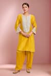 Buy_Sheetal Batra_Mustard Sequins, Embroidery Split V-neck Yellow Shamshul Kurta And Salwar Set _at_Aza_Fashions