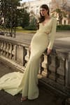 Buy_Supria Munjal_Green Crepe Embroidery V-neck Lily Designer Gown _at_Aza_Fashions
