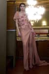 Buy_Supria Munjal_Peach Organza Fabric Flowers Asymmetric Dusty Designer Gown _at_Aza_Fashions