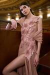 Supria Munjal_Peach Organza Fabric Flowers Asymmetric Dusty Designer Gown _Online_at_Aza_Fashions