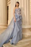 Shop_Supria Munjal_Silver Organza Fabric Flowers Asymmetric Blue Designer Gown _at_Aza_Fashions