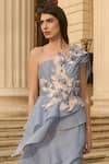 Supria Munjal_Silver Organza Fabric Flowers Asymmetric Blue Designer Gown _Online_at_Aza_Fashions
