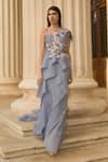 Buy_Supria Munjal_Silver Organza Fabric Flowers Asymmetric Blue Designer Gown _Online_at_Aza_Fashions