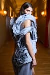 Supria Munjal_Silver Organza Ruffles Plunge Neck Blue Designer Gown _Online_at_Aza_Fashions