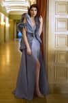 Shop_Supria Munjal_Silver Organza Ruffles Plunge Neck Blue Designer Gown _at_Aza_Fashions