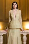 Supria Munjal_Yellow Tulle, V-neck Dusty Gown _Online_at_Aza_Fashions