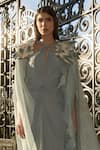 Supria Munjal_Gray Crepe, Georgette Keyhole Neck Mirage Grey Gown And Cape _Online_at_Aza_Fashions