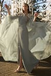 Buy_Supria Munjal_Gray Crepe, Georgette Keyhole Neck Mirage Grey Gown And Cape _Online_at_Aza_Fashions