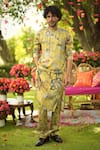 Buy_Mahima Mahajan_Gold Linen, Satin Embroidery, Sequins Designer Printed Bundi Kurta Pant Set _Online_at_Aza_Fashions