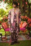 Buy_Mahima Mahajan_Burgundy Linen, Satin Embroidery, Sequins Floral Bundi Kurta Set _at_Aza_Fashions