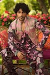 Shop_Mahima Mahajan_Burgundy Linen, Satin Embroidery, Sequins Floral Bundi Kurta Set _Online_at_Aza_Fashions