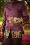 Mahima Mahajan_Burgundy Linen, Satin Embroidery Bandhgala And Pant Set _Online_at_Aza_Fashions