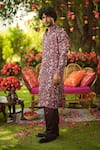 Mahima Mahajan_Burgundy Linen, Satin Embroidery Designer Floral Print Kurta Set _at_Aza_Fashions
