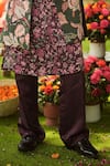 Mahima Mahajan_Burgundy Linen, Satin Embroidery, Zari Floral Printed Designer Sherwani Set _Online_at_Aza_Fashions