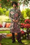 Buy_Mahima Mahajan_Burgundy Linen, Satin Embroidery, Zari Floral Printed Designer Sherwani Set _at_Aza_Fashions
