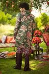 Shop_Mahima Mahajan_Burgundy Linen, Satin Embroidery, Zari Floral Printed Designer Sherwani Set _at_Aza_Fashions