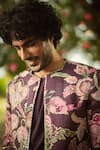 Mahima Mahajan_Burgundy Linen, Satin Sequins, Embroidery Floral Jacket Set _at_Aza_Fashions